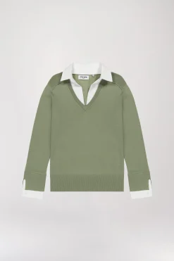 Pull chemise trompe-l'œil kaki