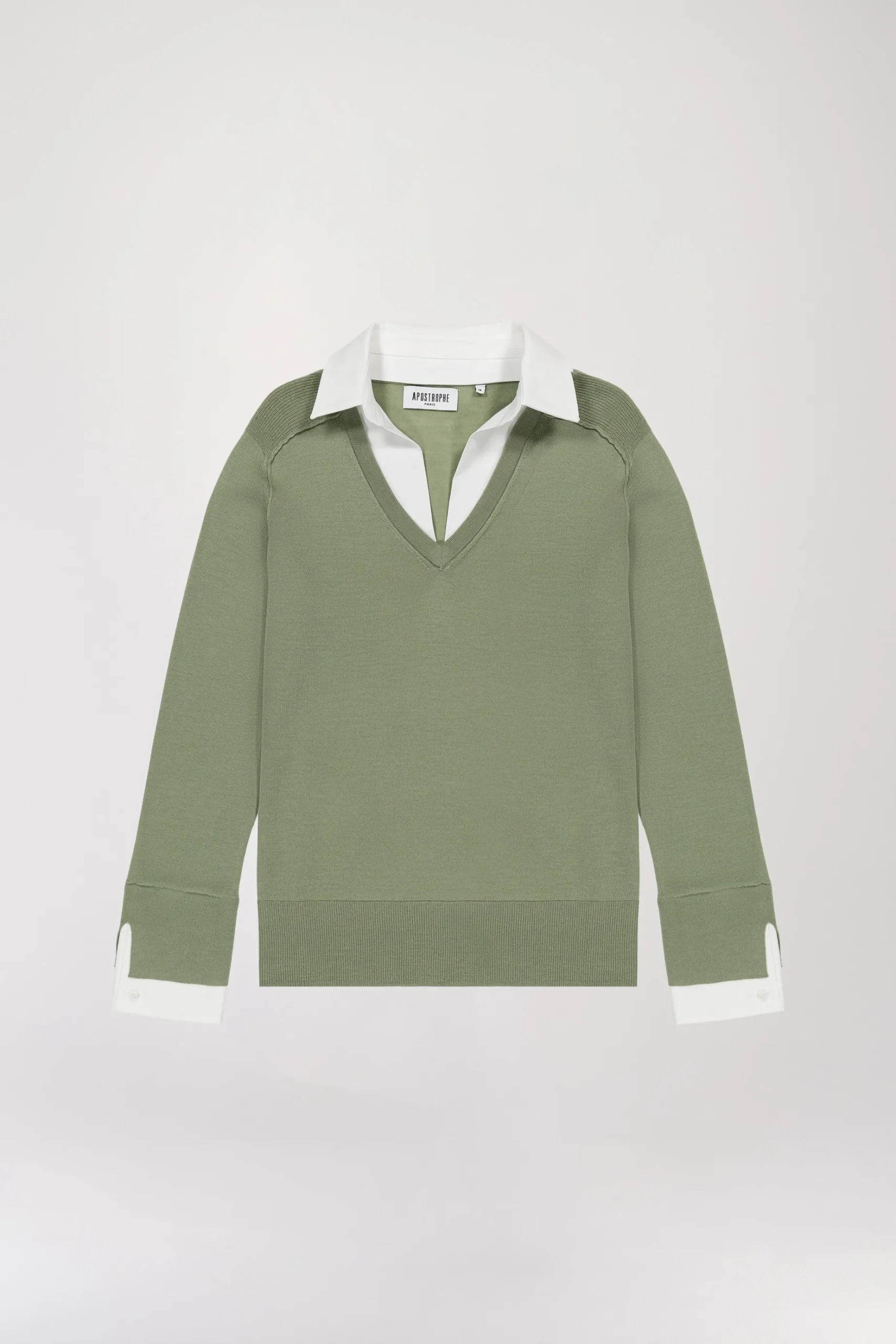 Pull chemise trompe-l'œil kaki