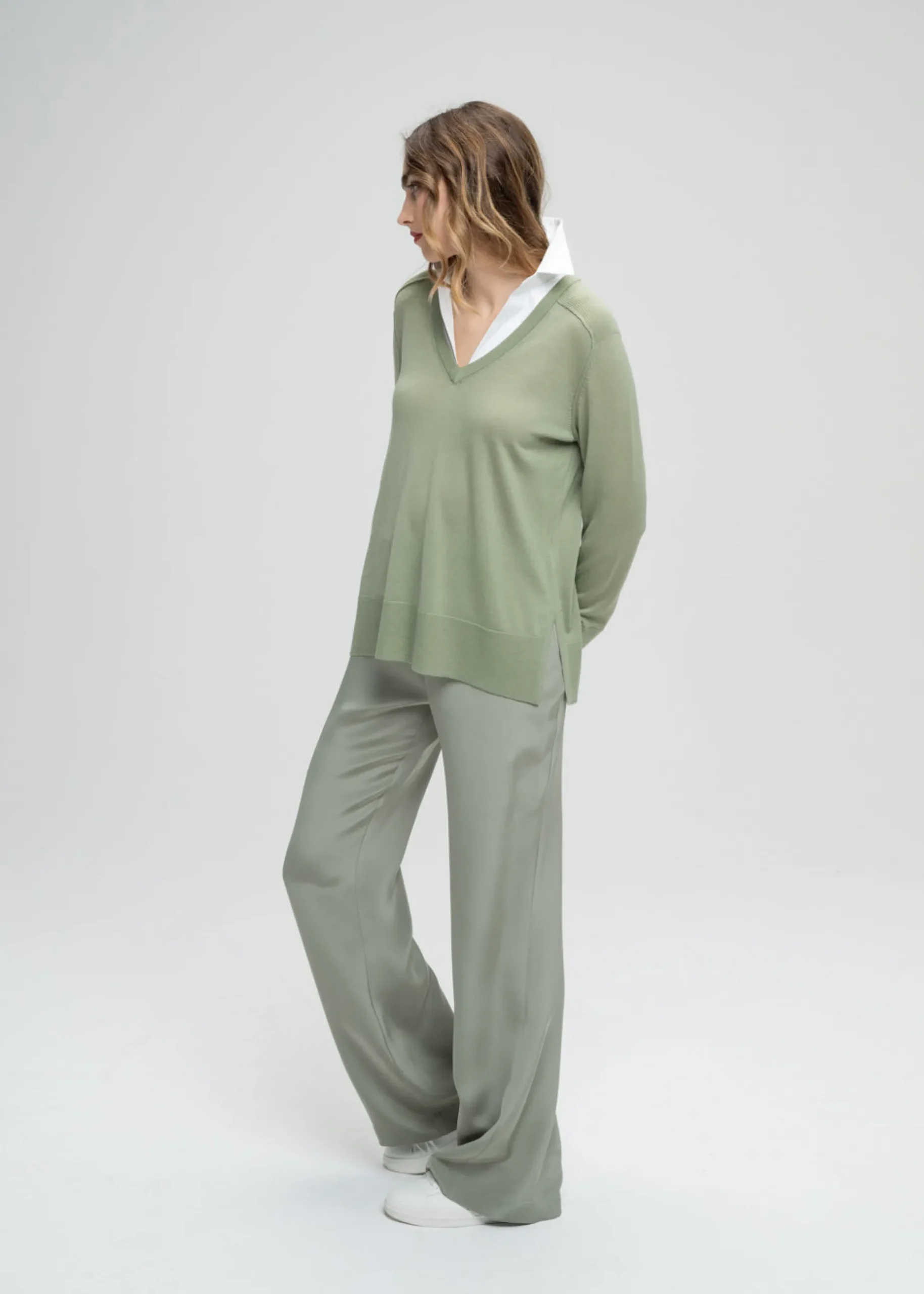 Pull chemise trompe-l'œil kaki