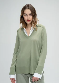 Pull chemise trompe-l'œil kaki